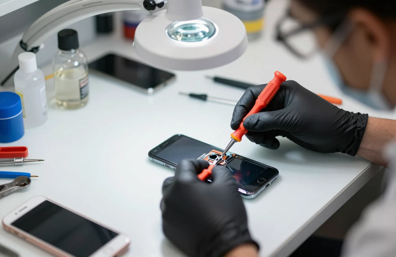 Técnico realizando reparo em um celular na bancada da Goldara