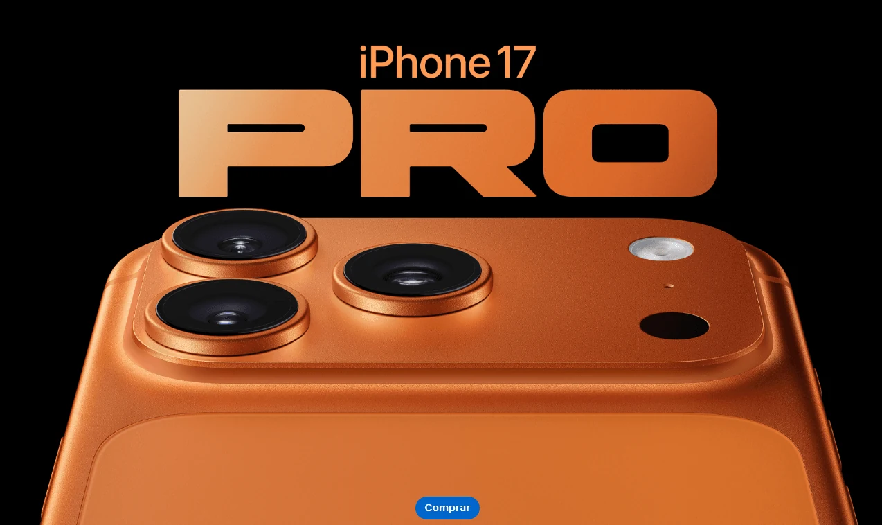 iPhone 17 Pro em acabamento Laranja Cosmo, visto pela parte traseira e pelas câmeras